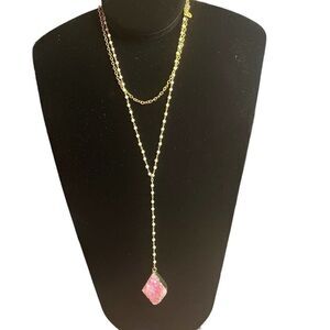 𝅺LOVE Poppy Quartz Crystals Lariat Necklace Gold Tone Beaded Chain 22"